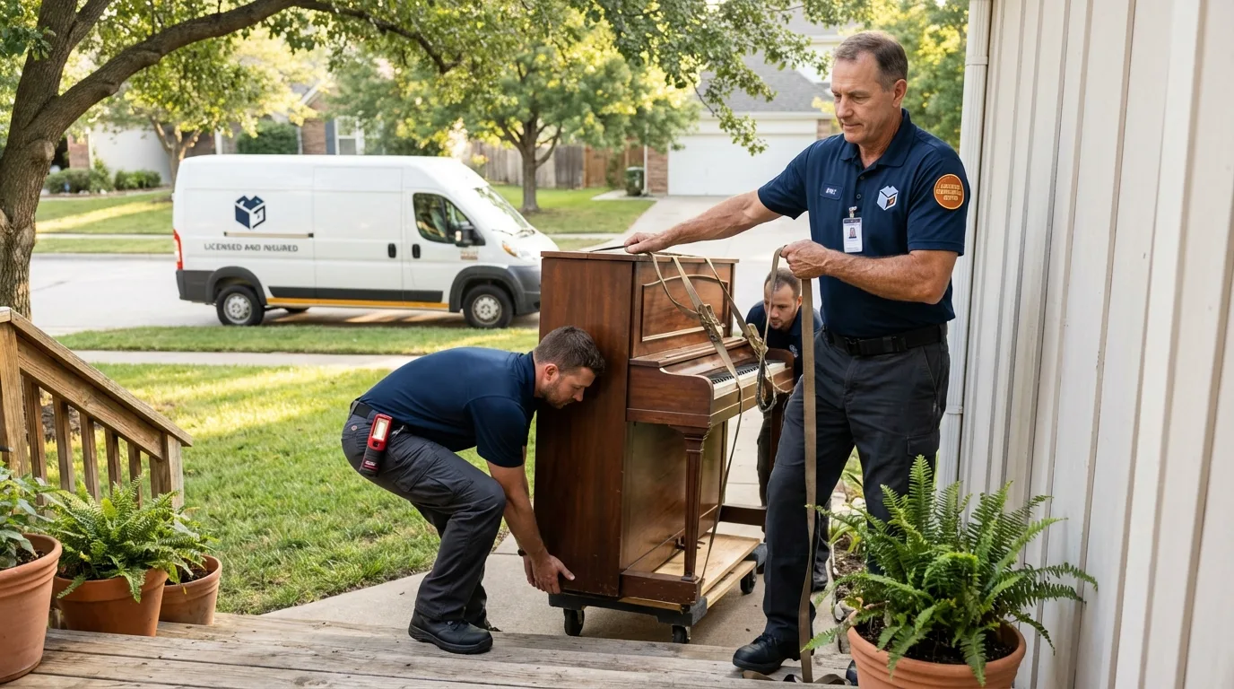 Licensed piano movers securing grand piano in Sisters, OR