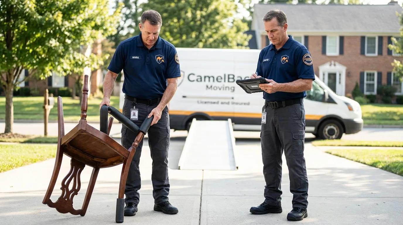 Movers inspecting furniture for damage prevention before loading in Sisters, OR