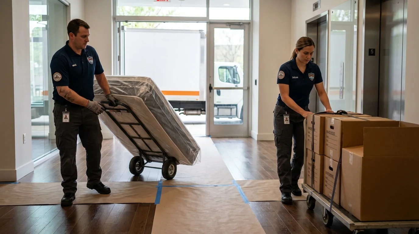 Professional apartment movers loading elevator in Sisters, OR